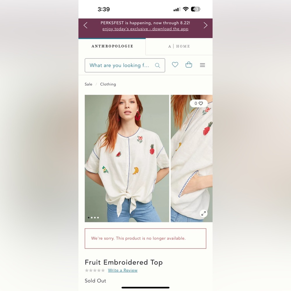 Anthropologie Embroidered Fruit Top